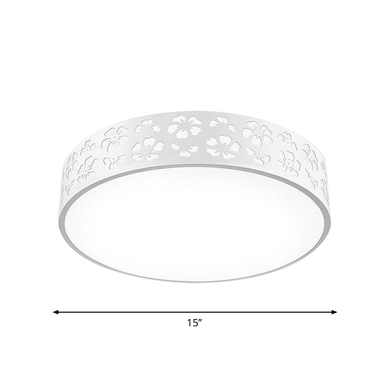 15"/19" Wide Drum Metal Ceiling Lamp Modern White LED Flush Mounted Light with Cutout Flower, White/3 Color Light Clearhalo 'Ceiling Lights' 'Close To Ceiling Lights' 'Close to ceiling' 'Flush mount' Lighting' 1936175