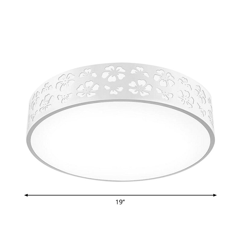 15"/19" Wide Drum Metal Ceiling Lamp Modern White LED Flush Mounted Light with Cutout Flower, White/3 Color Light Clearhalo 'Ceiling Lights' 'Close To Ceiling Lights' 'Close to ceiling' 'Flush mount' Lighting' 1936176