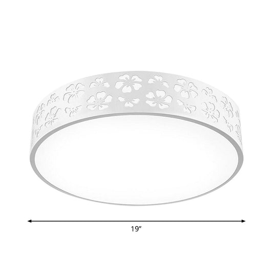 15"/19" Wide Drum Metal Ceiling Lamp Modern White LED Flush Mounted Light with Cutout Flower, White/3 Color Light Clearhalo 'Ceiling Lights' 'Close To Ceiling Lights' 'Close to ceiling' 'Flush mount' Lighting' 1936176