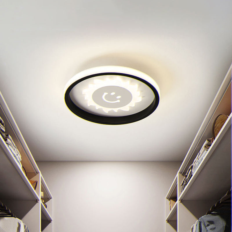 Circular LED Flush Light Fixture Cartoon Acrylic Black Ceiling Mount Lamp with Smile/Anchor/Panda Pattern Black Smile Clearhalo 'Ceiling Lights' 'Close To Ceiling Lights' 'Close to ceiling' 'Flush mount' Lighting' 1936396