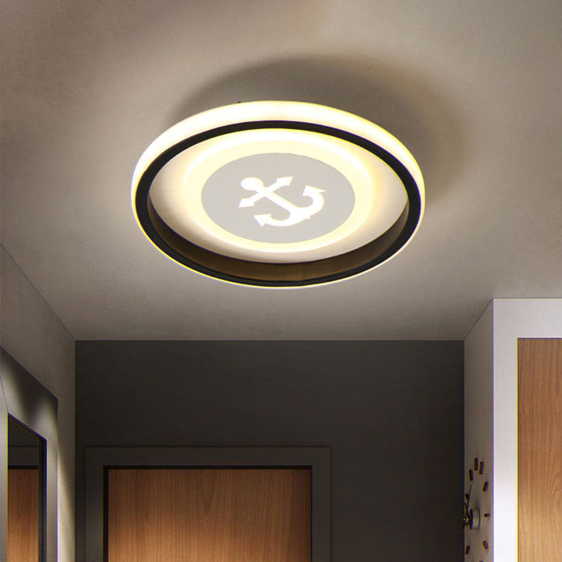 Circular LED Flush Light Fixture Cartoon Acrylic Black Ceiling Mount Lamp with Smile/Anchor/Panda Pattern Black Anchor Clearhalo 'Ceiling Lights' 'Close To Ceiling Lights' 'Close to ceiling' 'Flush mount' Lighting' 1936408