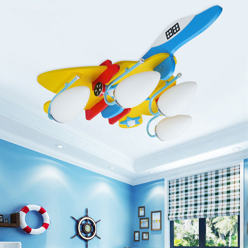 Kids Fighter Airplane Semi Flushmount Light 4 Lights Wood Multi-Color Ceiling Lamp for Nursing Room Red-Yellow-Blue Clearhalo 'Ceiling Lights' 'Close To Ceiling Lights' 'Close to ceiling' 'Flush mount' Lighting' 193641