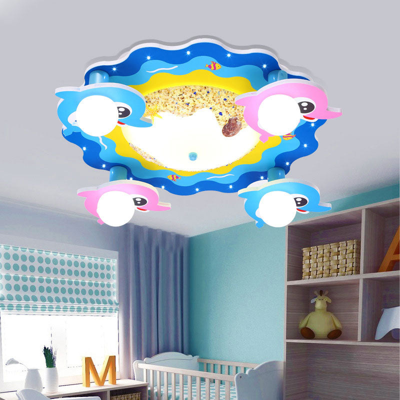 Blue Beach Ceiling Mount Light with Dolphin Cartoon Wood Flush Light for Nursing Room Blue Clearhalo 'Ceiling Lights' 'Close To Ceiling Lights' 'Close to ceiling' 'Flush mount' Lighting' 193651