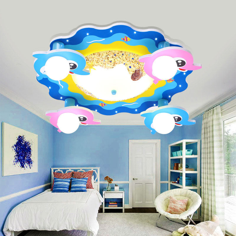 Blue Beach Ceiling Mount Light with Dolphin Cartoon Wood Flush Light for Nursing Room Clearhalo 'Ceiling Lights' 'Close To Ceiling Lights' 'Close to ceiling' 'Flush mount' Lighting' 193652