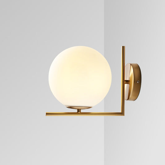 Frosted White Glass Ball Wall Light Minimalist 1 Head Gold Wall Lamp Fixture with Right Angle Arm, Warm/White Light Gold Clearhalo 'Cast Iron' 'Glass' 'Industrial' 'Modern wall lights' 'Modern' 'Tiffany' 'Traditional wall lights' 'Wall Lamps & Sconces' 'Wall Lights' Lighting' 1936526