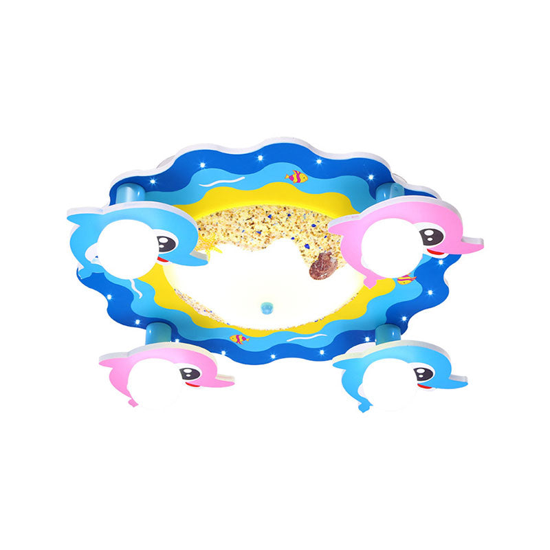 Blue Beach Ceiling Mount Light with Dolphin Cartoon Wood Flush Light for Nursing Room Clearhalo 'Ceiling Lights' 'Close To Ceiling Lights' 'Close to ceiling' 'Flush mount' Lighting' 193653