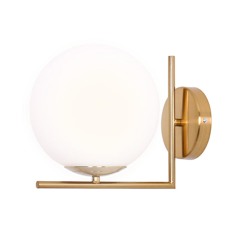 Frosted White Glass Ball Wall Light Minimalist 1 Head Gold Wall Lamp Fixture with Right Angle Arm, Warm/White Light Clearhalo 'Cast Iron' 'Glass' 'Industrial' 'Modern wall lights' 'Modern' 'Tiffany' 'Traditional wall lights' 'Wall Lamps & Sconces' 'Wall Lights' Lighting' 1936530