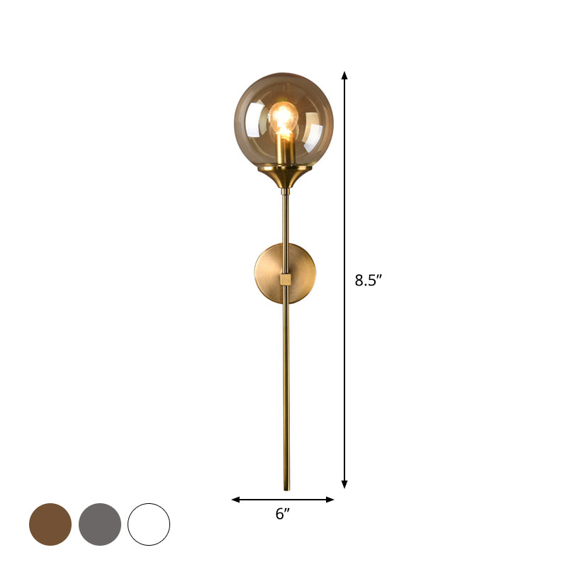 Ball Shade Pencil-Arm Wall Lighting Postmodern Clear/Amber/Smoke Grey Glass Single Brass Wall Mounted Lamp Clearhalo 'Cast Iron' 'Glass' 'Industrial' 'Modern wall lights' 'Modern' 'Tiffany' 'Traditional wall lights' 'Wall Lamps & Sconces' 'Wall Lights' Lighting' 1936536