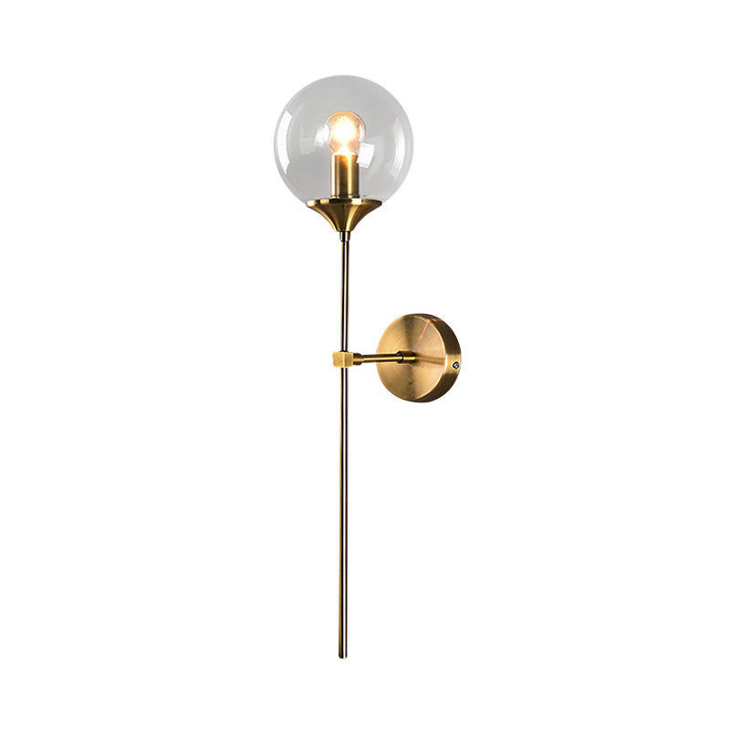 Ball Shade Pencil-Arm Wall Lighting Postmodern Clear/Amber/Smoke Grey Glass Single Brass Wall Mounted Lamp Clearhalo 'Cast Iron' 'Glass' 'Industrial' 'Modern wall lights' 'Modern' 'Tiffany' 'Traditional wall lights' 'Wall Lamps & Sconces' 'Wall Lights' Lighting' 1936543