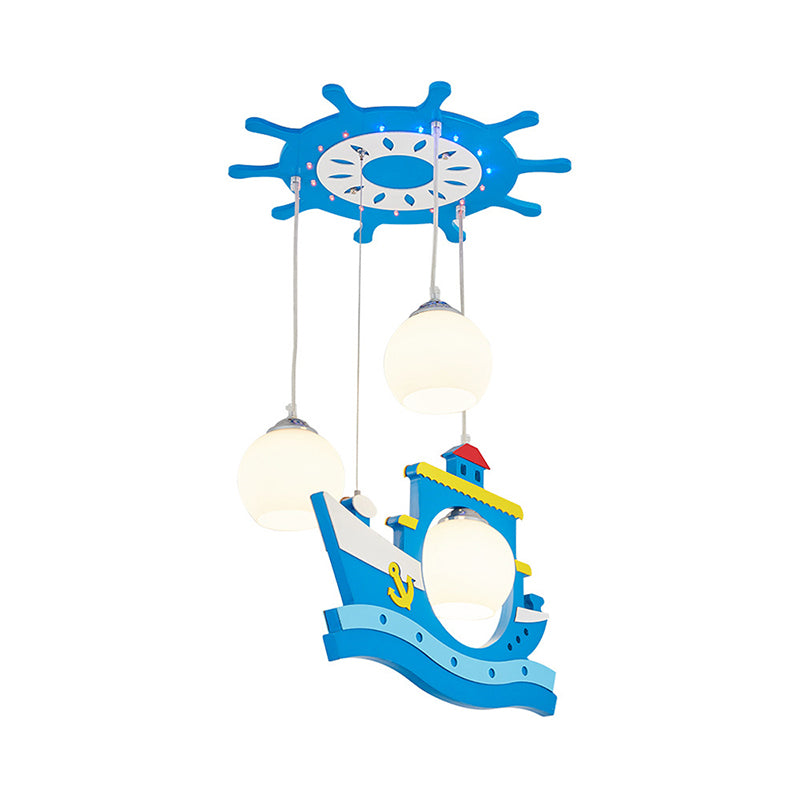 Three Lights Ship Pendant Light with Rudder Nautical Wood Pendant Lamp in Blue for Game Room Clearhalo 'Ceiling Lights' 'Pendant Lights' 'Pendants' Lighting' 193662