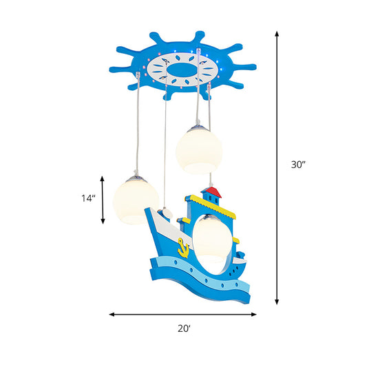 Three Lights Ship Pendant Light with Rudder Nautical Wood Pendant Lamp in Blue for Game Room Clearhalo 'Ceiling Lights' 'Pendant Lights' 'Pendants' Lighting' 193663