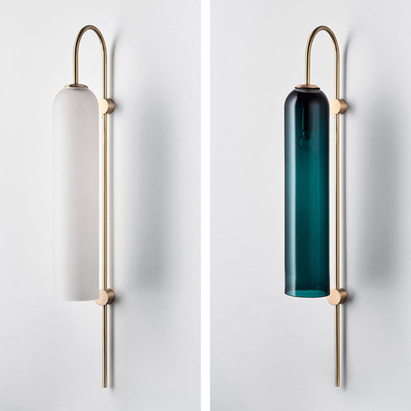 Mid Century Gooseneck Wall Light Sconce Metal 1-Bulb Living Room Wall Lamp in Brass with Elongated Blue Glass Shade Clearhalo 'Cast Iron' 'Glass' 'Industrial' 'Modern wall lights' 'Modern' 'Tiffany' 'Traditional wall lights' 'Wall Lamps & Sconces' 'Wall Lights' Lighting' 1936665