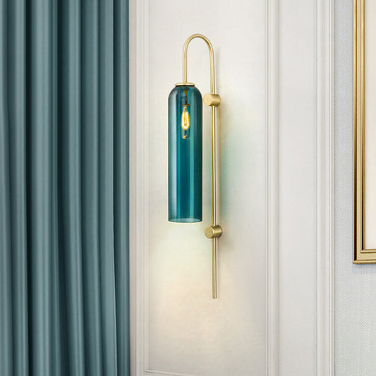 Mid Century Gooseneck Wall Light Sconce Metal 1-Bulb Living Room Wall Lamp in Brass with Elongated Blue Glass Shade Blue Clearhalo 'Cast Iron' 'Glass' 'Industrial' 'Modern wall lights' 'Modern' 'Tiffany' 'Traditional wall lights' 'Wall Lamps & Sconces' 'Wall Lights' Lighting' 1936666