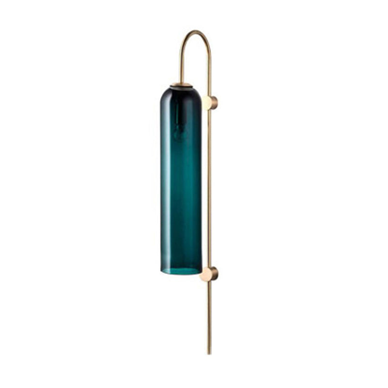 Mid Century Gooseneck Wall Light Sconce Metal 1-Bulb Living Room Wall Lamp in Brass with Elongated Blue Glass Shade Clearhalo 'Cast Iron' 'Glass' 'Industrial' 'Modern wall lights' 'Modern' 'Tiffany' 'Traditional wall lights' 'Wall Lamps & Sconces' 'Wall Lights' Lighting' 1936668