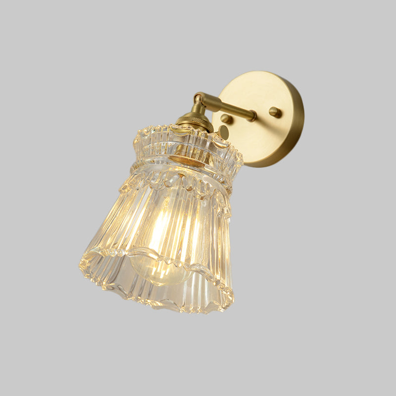 Conical Rotating Wall Light Kit Postmodern Clear Ribbed/Grid Glass 1 Light Gold Wall Mounted Lamp Clearhalo 'Cast Iron' 'Glass' 'Industrial' 'Modern wall lights' 'Modern' 'Tiffany' 'Traditional wall lights' 'Wall Lamps & Sconces' 'Wall Lights' Lighting' 1936675