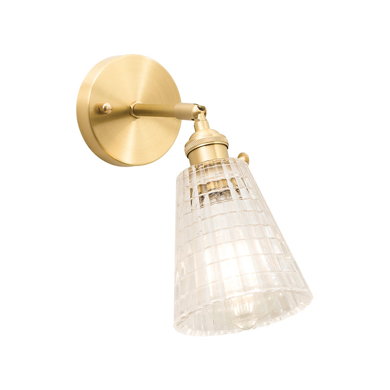 Conical Rotating Wall Light Kit Postmodern Clear Ribbed/Grid Glass 1 Light Gold Wall Mounted Lamp Clearhalo 'Cast Iron' 'Glass' 'Industrial' 'Modern wall lights' 'Modern' 'Tiffany' 'Traditional wall lights' 'Wall Lamps & Sconces' 'Wall Lights' Lighting' 1936677