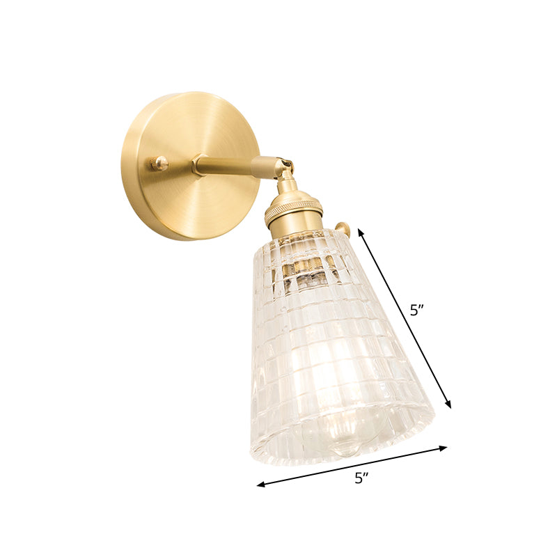 Conical Rotating Wall Light Kit Postmodern Clear Ribbed/Grid Glass 1 Light Gold Wall Mounted Lamp Clearhalo 'Cast Iron' 'Glass' 'Industrial' 'Modern wall lights' 'Modern' 'Tiffany' 'Traditional wall lights' 'Wall Lamps & Sconces' 'Wall Lights' Lighting' 1936679