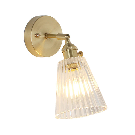 Conical Rotating Wall Light Kit Postmodern Clear Ribbed/Grid Glass 1 Light Gold Wall Mounted Lamp Clearhalo 'Cast Iron' 'Glass' 'Industrial' 'Modern wall lights' 'Modern' 'Tiffany' 'Traditional wall lights' 'Wall Lamps & Sconces' 'Wall Lights' Lighting' 1936681
