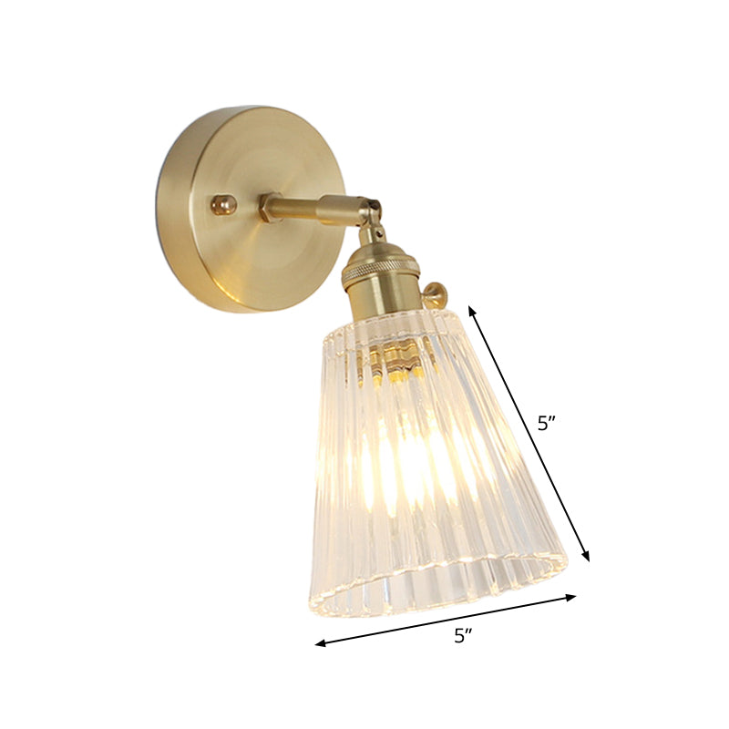 Conical Rotating Wall Light Kit Postmodern Clear Ribbed/Grid Glass 1 Light Gold Wall Mounted Lamp Clearhalo 'Cast Iron' 'Glass' 'Industrial' 'Modern wall lights' 'Modern' 'Tiffany' 'Traditional wall lights' 'Wall Lamps & Sconces' 'Wall Lights' Lighting' 1936683