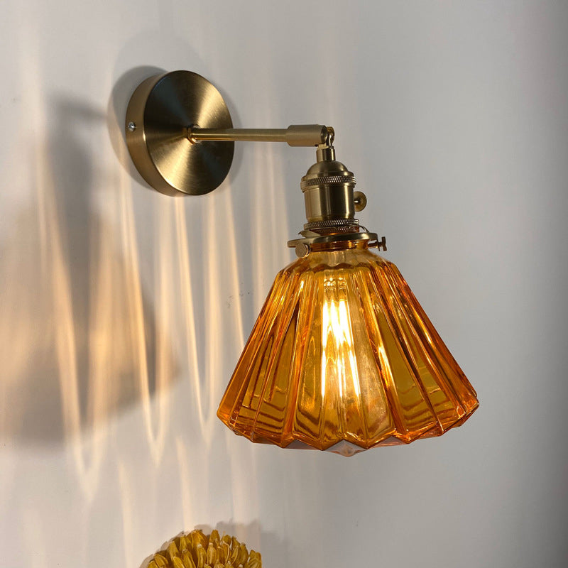 Single-Bulb Bedroom Wall Lamp Postmodern Gold Rotatable Wall Light Sconce with Oval/Diamond/Ruffled Blue/Clear/Green Glass Shade Gold A Clearhalo 'Cast Iron' 'Glass' 'Industrial' 'Modern wall lights' 'Modern' 'Tiffany' 'Traditional wall lights' 'Wall Lamps & Sconces' 'Wall Lights' Lighting' 1936685