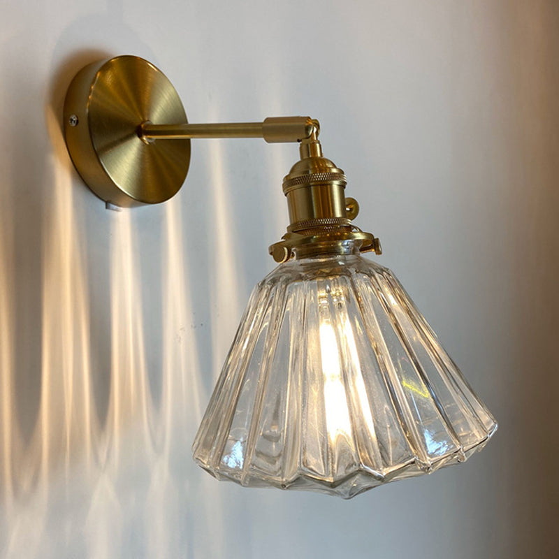 Single-Bulb Bedroom Wall Lamp Postmodern Gold Rotatable Wall Light Sconce with Oval/Diamond/Ruffled Blue/Clear/Green Glass Shade Clearhalo 'Cast Iron' 'Glass' 'Industrial' 'Modern wall lights' 'Modern' 'Tiffany' 'Traditional wall lights' 'Wall Lamps & Sconces' 'Wall Lights' Lighting' 1936690
