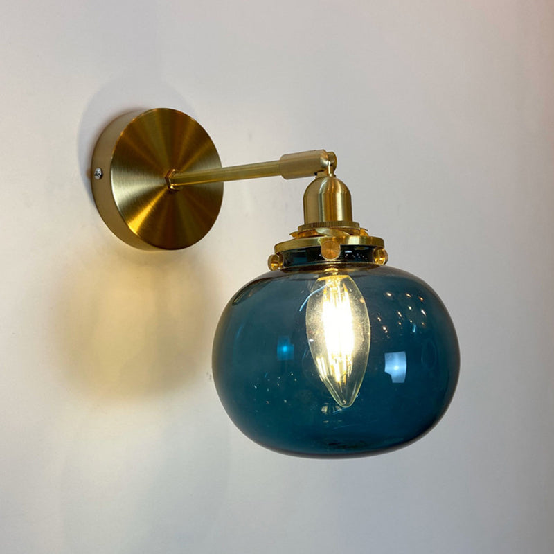 Single-Bulb Bedroom Wall Lamp Postmodern Gold Rotatable Wall Light Sconce with Oval/Diamond/Ruffled Blue/Clear/Green Glass Shade Clearhalo 'Cast Iron' 'Glass' 'Industrial' 'Modern wall lights' 'Modern' 'Tiffany' 'Traditional wall lights' 'Wall Lamps & Sconces' 'Wall Lights' Lighting' 1936701