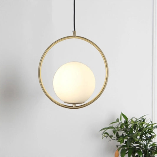 Black/Gold Sphere Hanging Lamp Postmodern Single Frosted White Glass Ringed Pendant Lighting Fixture, 10"/12"/14" W Gold Clearhalo 'Ceiling Lights' 'Modern Pendants' 'Modern' 'Pendant Lights' 'Pendants' Lighting' 1936800