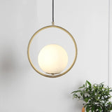 Black/Gold Sphere Hanging Lamp Postmodern Single Frosted White Glass Ringed Pendant Lighting Fixture, 10"/12"/14" W Gold Clearhalo 'Ceiling Lights' 'Modern Pendants' 'Modern' 'Pendant Lights' 'Pendants' Lighting' 1936800