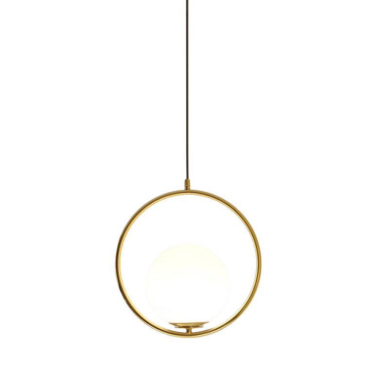 Black/Gold Sphere Hanging Lamp Postmodern Single Frosted White Glass Ringed Pendant Lighting Fixture, 10"/12"/14" W Clearhalo 'Ceiling Lights' 'Modern Pendants' 'Modern' 'Pendant Lights' 'Pendants' Lighting' 1936803