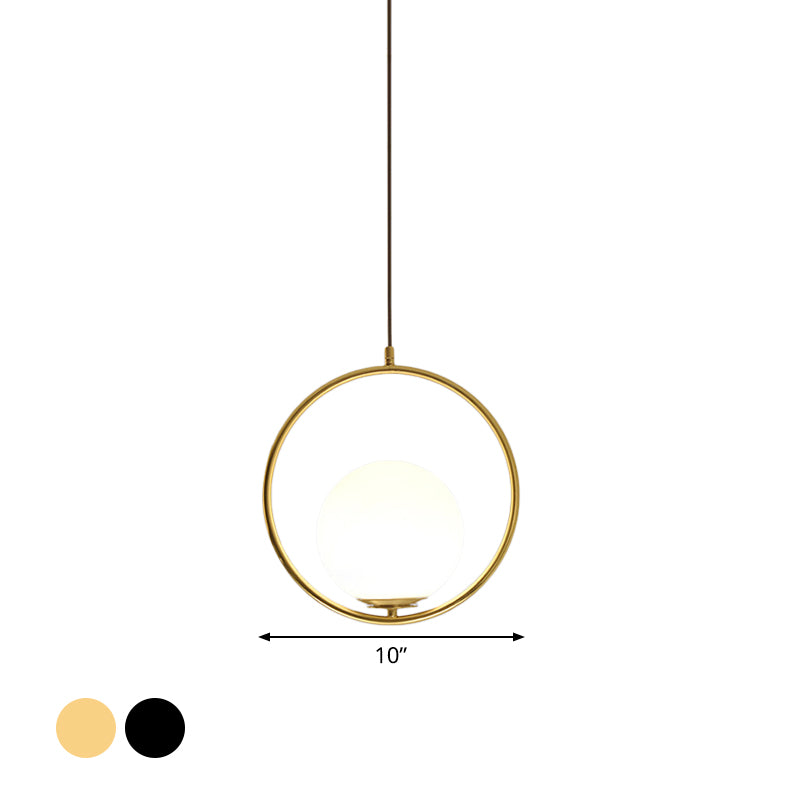 Black/Gold Sphere Hanging Lamp Postmodern Single Frosted White Glass Ringed Pendant Lighting Fixture, 10"/12"/14" W Clearhalo 'Ceiling Lights' 'Modern Pendants' 'Modern' 'Pendant Lights' 'Pendants' Lighting' 1936804