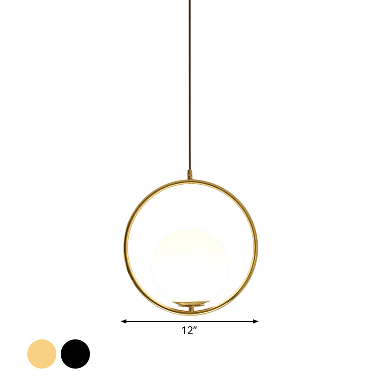 Black/Gold Sphere Hanging Lamp Postmodern Single Frosted White Glass Ringed Pendant Lighting Fixture, 10"/12"/14" W Clearhalo 'Ceiling Lights' 'Modern Pendants' 'Modern' 'Pendant Lights' 'Pendants' Lighting' 1936805