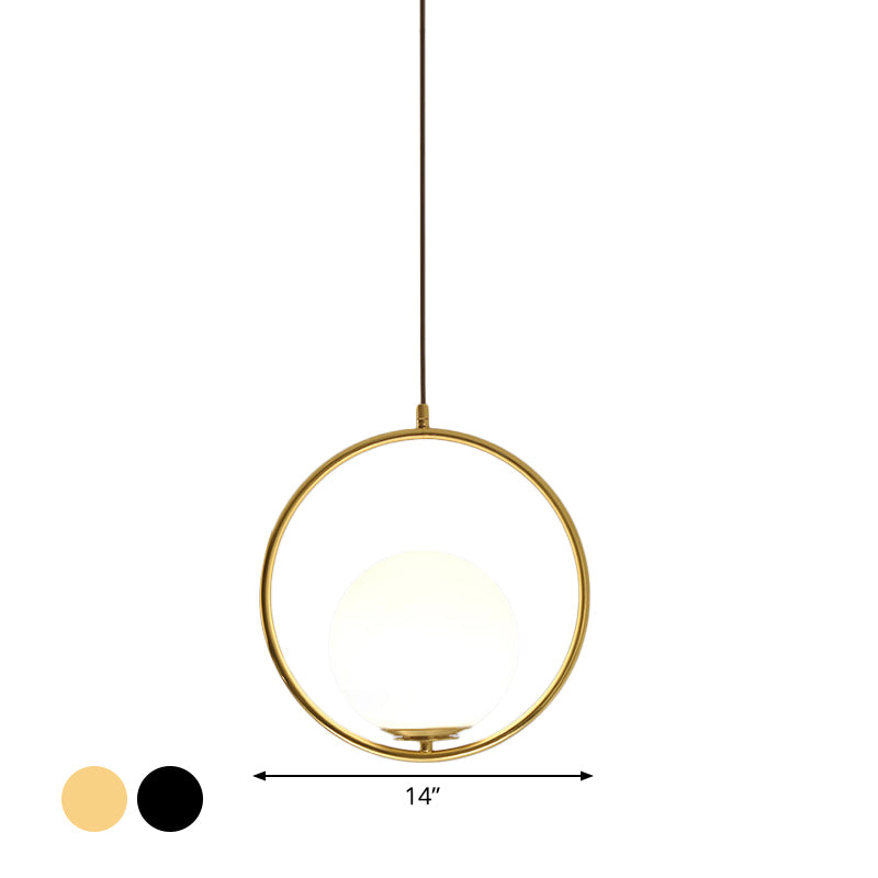 Black/Gold Sphere Hanging Lamp Postmodern Single Frosted White Glass Ringed Pendant Lighting Fixture, 10"/12"/14" W Clearhalo 'Ceiling Lights' 'Modern Pendants' 'Modern' 'Pendant Lights' 'Pendants' Lighting' 1936806