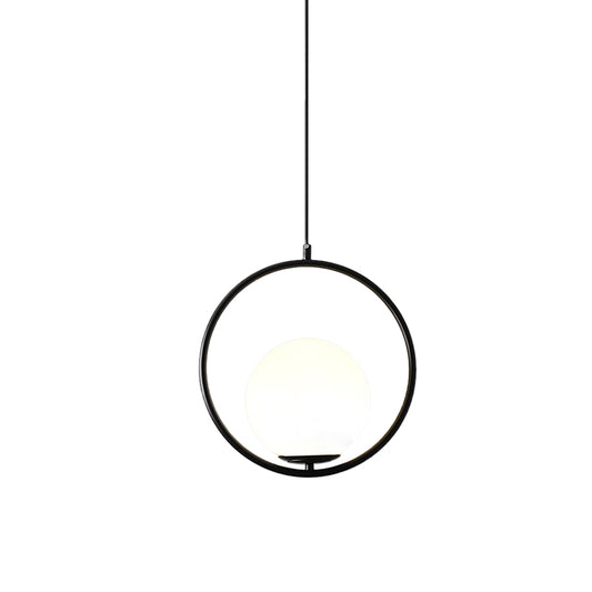 Black/Gold Sphere Hanging Lamp Postmodern Single Frosted White Glass Ringed Pendant Lighting Fixture, 10"/12"/14" W Clearhalo 'Ceiling Lights' 'Modern Pendants' 'Modern' 'Pendant Lights' 'Pendants' Lighting' 1936808