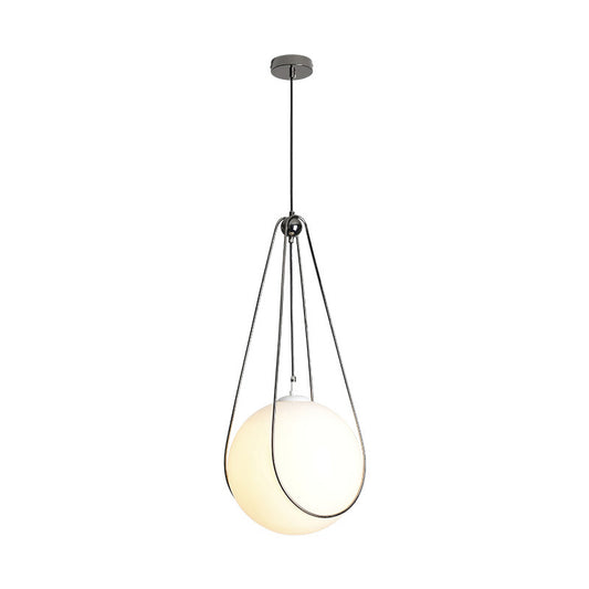 8"/10"/12" Wide Teardrop Hanging Light Modern White Ball Glass 1 Light Nickel Finish Pendulum Light for Restaurant Clearhalo 'Ceiling Lights' 'Modern Pendants' 'Modern' 'Pendant Lights' 'Pendants' Lighting' 1936814