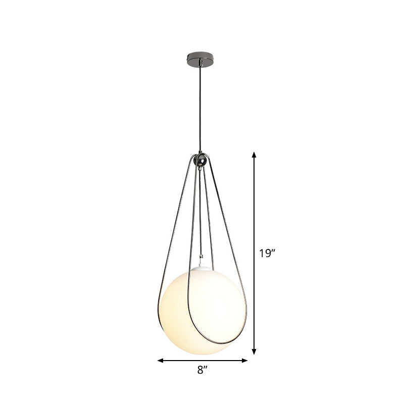 8"/10"/12" Wide Teardrop Hanging Light Modern White Ball Glass 1 Light Nickel Finish Pendulum Light for Restaurant Clearhalo 'Ceiling Lights' 'Modern Pendants' 'Modern' 'Pendant Lights' 'Pendants' Lighting' 1936815