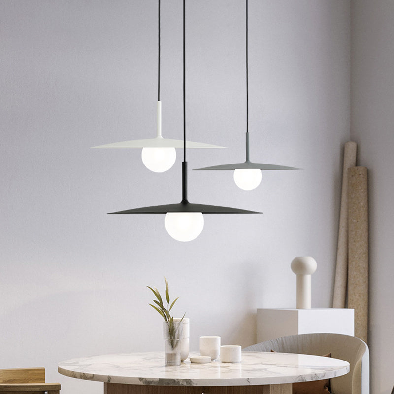 Nordic Flying Saucer Hanging Light Metal Single Restaurant Ceiling Pendant with Ball Milk Glass Shade in Black/Grey/White, 10"/12.5" W Clearhalo 'Ceiling Lights' 'Modern Pendants' 'Modern' 'Pendant Lights' 'Pendants' Lighting' 1936840