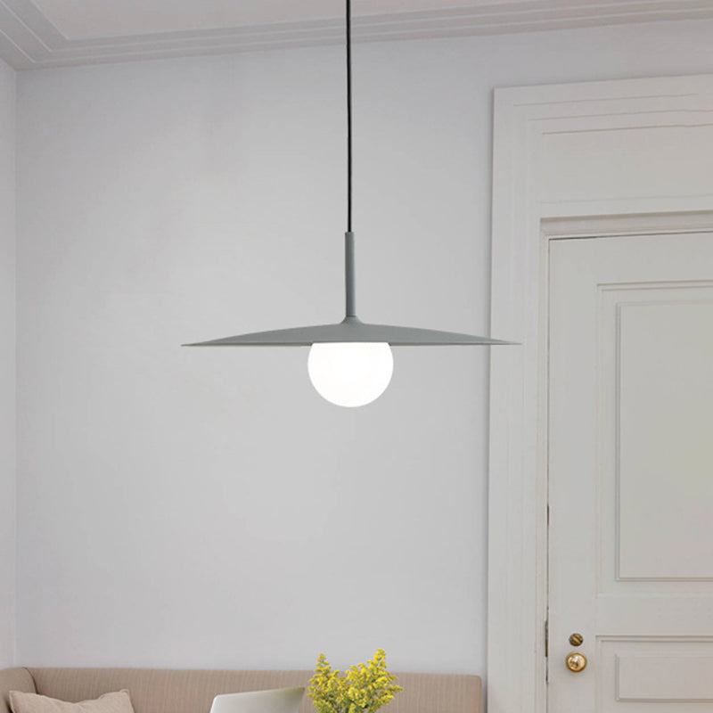 Nordic Flying Saucer Hanging Light Metal Single Restaurant Ceiling Pendant with Ball Milk Glass Shade in Black/Grey/White, 10"/12.5" W Clearhalo 'Ceiling Lights' 'Modern Pendants' 'Modern' 'Pendant Lights' 'Pendants' Lighting' 1936842