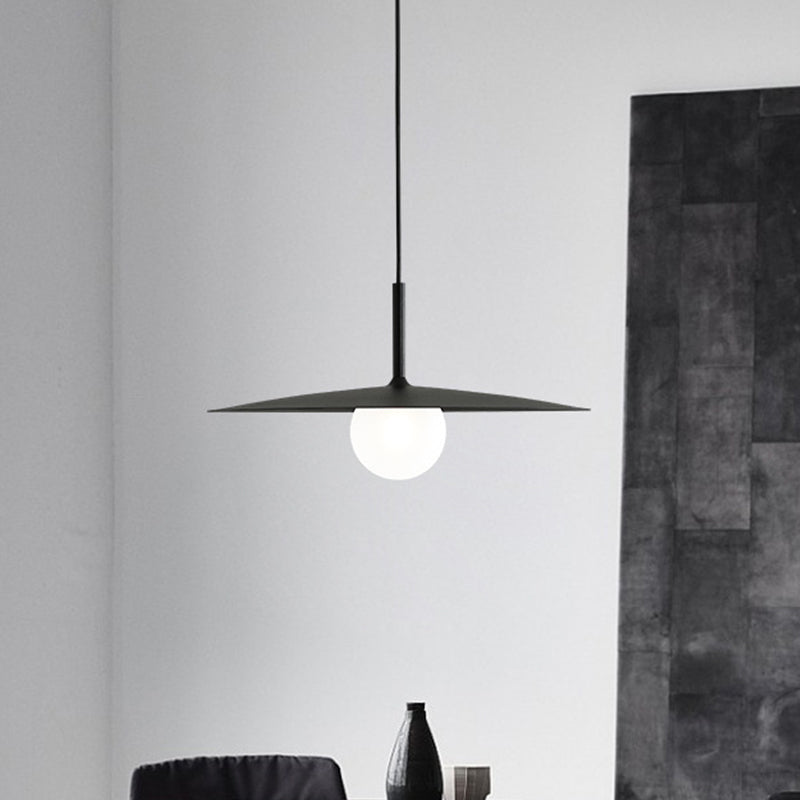 Nordic Flying Saucer Hanging Light Metal Single Restaurant Ceiling Pendant with Ball Milk Glass Shade in Black/Grey/White, 10"/12.5" W Black Clearhalo 'Ceiling Lights' 'Modern Pendants' 'Modern' 'Pendant Lights' 'Pendants' Lighting' 1936846