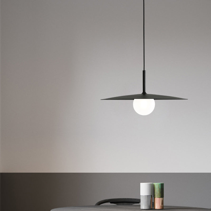 Nordic Flying Saucer Hanging Light Metal Single Restaurant Ceiling Pendant with Ball Milk Glass Shade in Black/Grey/White, 10"/12.5" W Clearhalo 'Ceiling Lights' 'Modern Pendants' 'Modern' 'Pendant Lights' 'Pendants' Lighting' 1936847