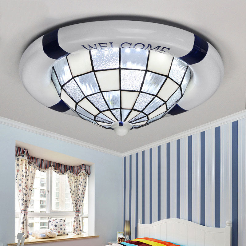 Art Glass Grid Dome Ceiling Mount Light with Swim Ring Tiffany Style Ceiling Lamp in White White Clearhalo 'Ceiling Lights' 'Close To Ceiling Lights' 'Close to ceiling' 'Flush mount' Lighting' 193685