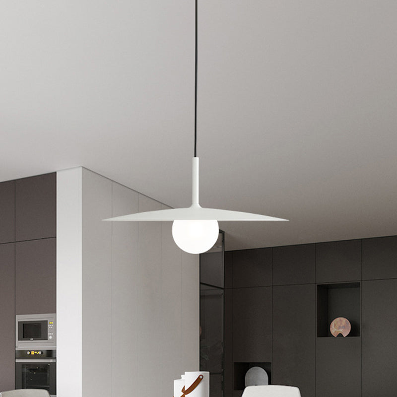 Nordic Flying Saucer Hanging Light Metal Single Restaurant Ceiling Pendant with Ball Milk Glass Shade in Black/Grey/White, 10"/12.5" W White Clearhalo 'Ceiling Lights' 'Modern Pendants' 'Modern' 'Pendant Lights' 'Pendants' Lighting' 1936850