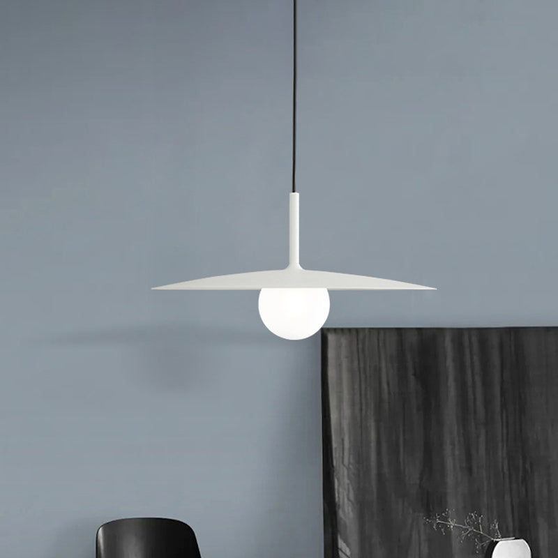 Nordic Flying Saucer Hanging Light Metal Single Restaurant Ceiling Pendant with Ball Milk Glass Shade in Black/Grey/White, 10"/12.5" W Clearhalo 'Ceiling Lights' 'Modern Pendants' 'Modern' 'Pendant Lights' 'Pendants' Lighting' 1936852