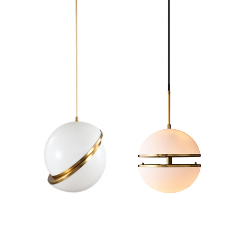 Sliced Sphere Gallery Hanging Lamp Frosted White Glass 8"/10"/12" W Single-Bulb Postmodern Ceiling Pendant in Brass Clearhalo 'Ceiling Lights' 'Modern Pendants' 'Modern' 'Pendant Lights' 'Pendants' Lighting' 1936872