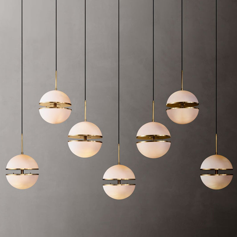 Sliced Sphere Gallery Hanging Lamp Frosted White Glass 8"/10"/12" W Single-Bulb Postmodern Ceiling Pendant in Brass White B Clearhalo 'Ceiling Lights' 'Modern Pendants' 'Modern' 'Pendant Lights' 'Pendants' Lighting' 1936873
