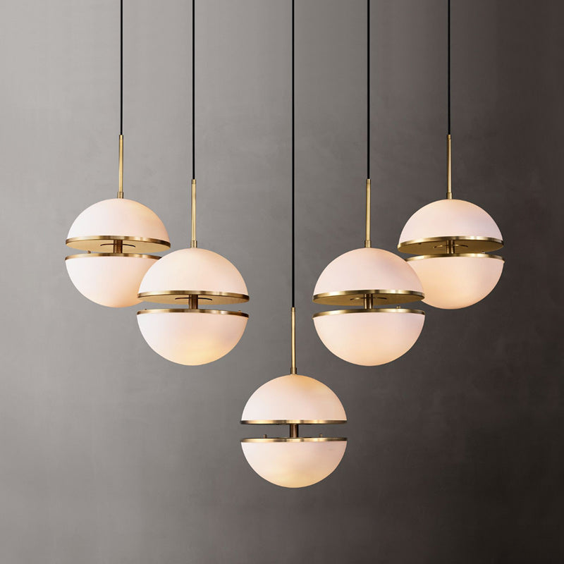 Sliced Sphere Gallery Hanging Lamp Frosted White Glass 8"/10"/12" W Single-Bulb Postmodern Ceiling Pendant in Brass Clearhalo 'Ceiling Lights' 'Modern Pendants' 'Modern' 'Pendant Lights' 'Pendants' Lighting' 1936874