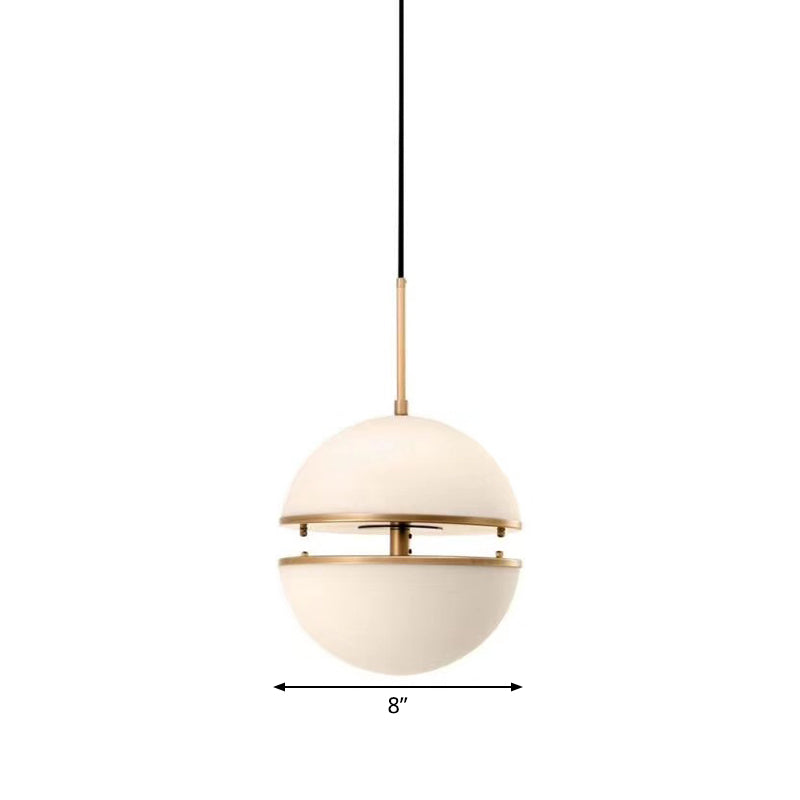 Sliced Sphere Gallery Hanging Lamp Frosted White Glass 8"/10"/12" W Single-Bulb Postmodern Ceiling Pendant in Brass Clearhalo 'Ceiling Lights' 'Modern Pendants' 'Modern' 'Pendant Lights' 'Pendants' Lighting' 1936877