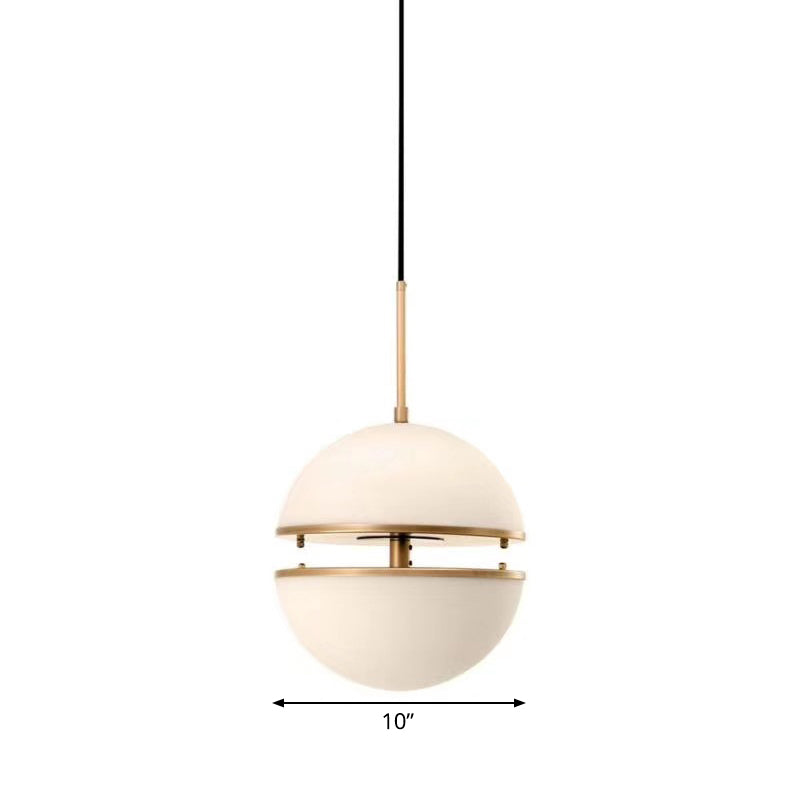 Sliced Sphere Gallery Hanging Lamp Frosted White Glass 8"/10"/12" W Single-Bulb Postmodern Ceiling Pendant in Brass Clearhalo 'Ceiling Lights' 'Modern Pendants' 'Modern' 'Pendant Lights' 'Pendants' Lighting' 1936878