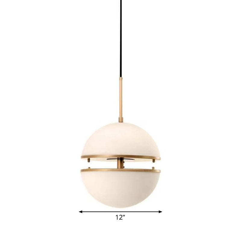 Sliced Sphere Gallery Hanging Lamp Frosted White Glass 8"/10"/12" W Single-Bulb Postmodern Ceiling Pendant in Brass Clearhalo 'Ceiling Lights' 'Modern Pendants' 'Modern' 'Pendant Lights' 'Pendants' Lighting' 1936879