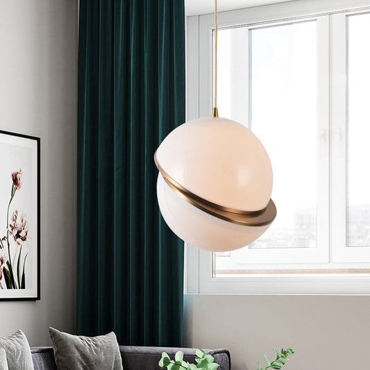 Sliced Sphere Gallery Hanging Lamp Frosted White Glass 8"/10"/12" W Single-Bulb Postmodern Ceiling Pendant in Brass Clearhalo 'Ceiling Lights' 'Modern Pendants' 'Modern' 'Pendant Lights' 'Pendants' Lighting' 1936882