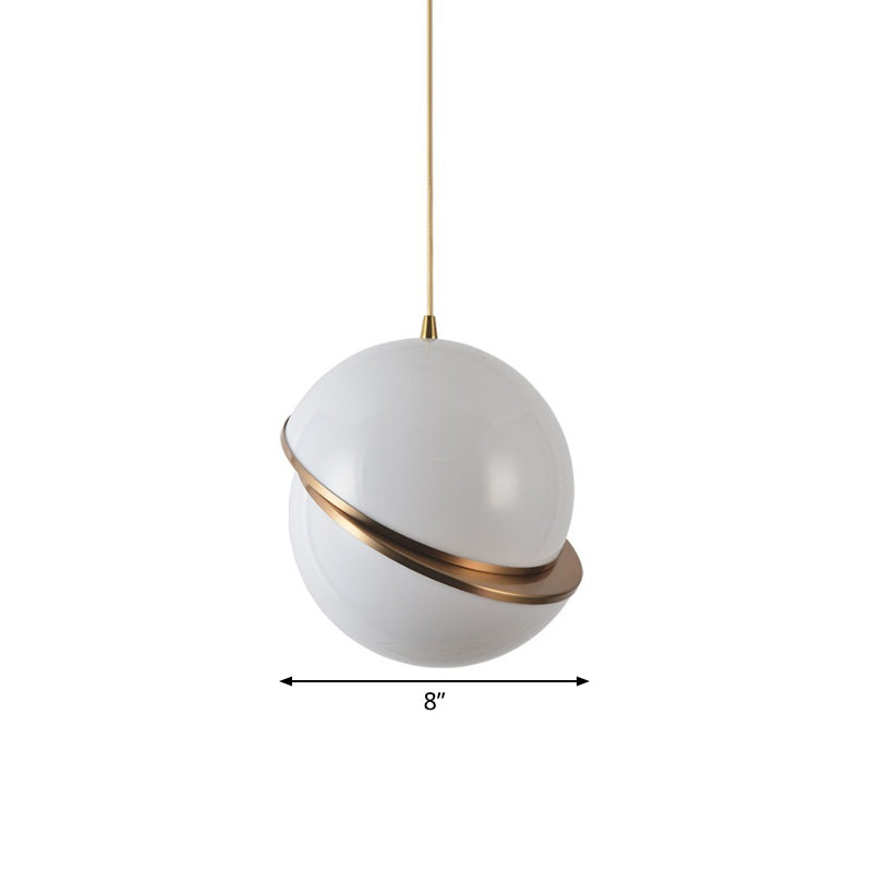 Sliced Sphere Gallery Hanging Lamp Frosted White Glass 8"/10"/12" W Single-Bulb Postmodern Ceiling Pendant in Brass Clearhalo 'Ceiling Lights' 'Modern Pendants' 'Modern' 'Pendant Lights' 'Pendants' Lighting' 1936884